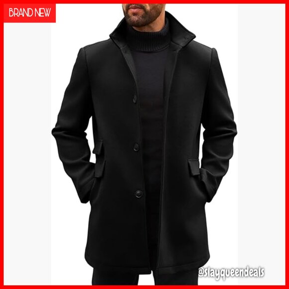 Slim Fit Pea Coat with Stand Collar Mid-Length Winter Overcoat Recycled